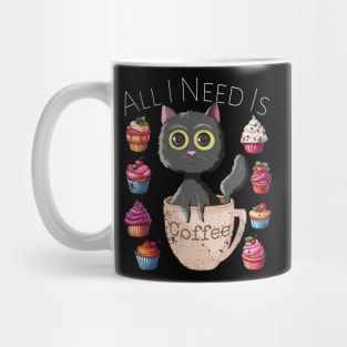 All I Need Is Coffee Funny Retro Black Cat & Cupcakes Lovers Mug